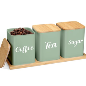 Tioncy Coffee Tea Sugar Container with Tray Set of 3 Airtight Metal Canister with Bamboo Lid Tray for Kitchen Counter Dining Room Farm House Kitchen Style Drink Station Organizer Set (Sage Green)