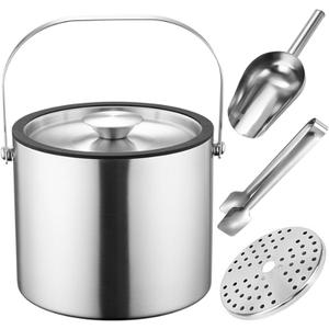 3L Double-Wall Insulated Ice Bucket with Lid, Ice shovel &Tongs and Strainer, Stainless Steel Ice Bath Tub with Silicone Sealed Lid for Wine, Ice Buckets for Parties, Wine Chiller, Light Sliver