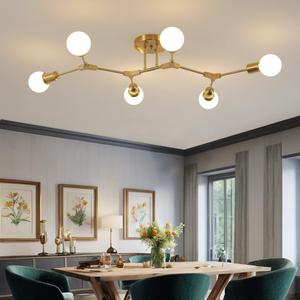 Modern Mid Century 6 Light Semi Flush Mount Ceiling Lighting Fixture for Living Room Bedroom Dining Room Hallway Kitchen Office,Long Large Gold Sputnik Chandelier