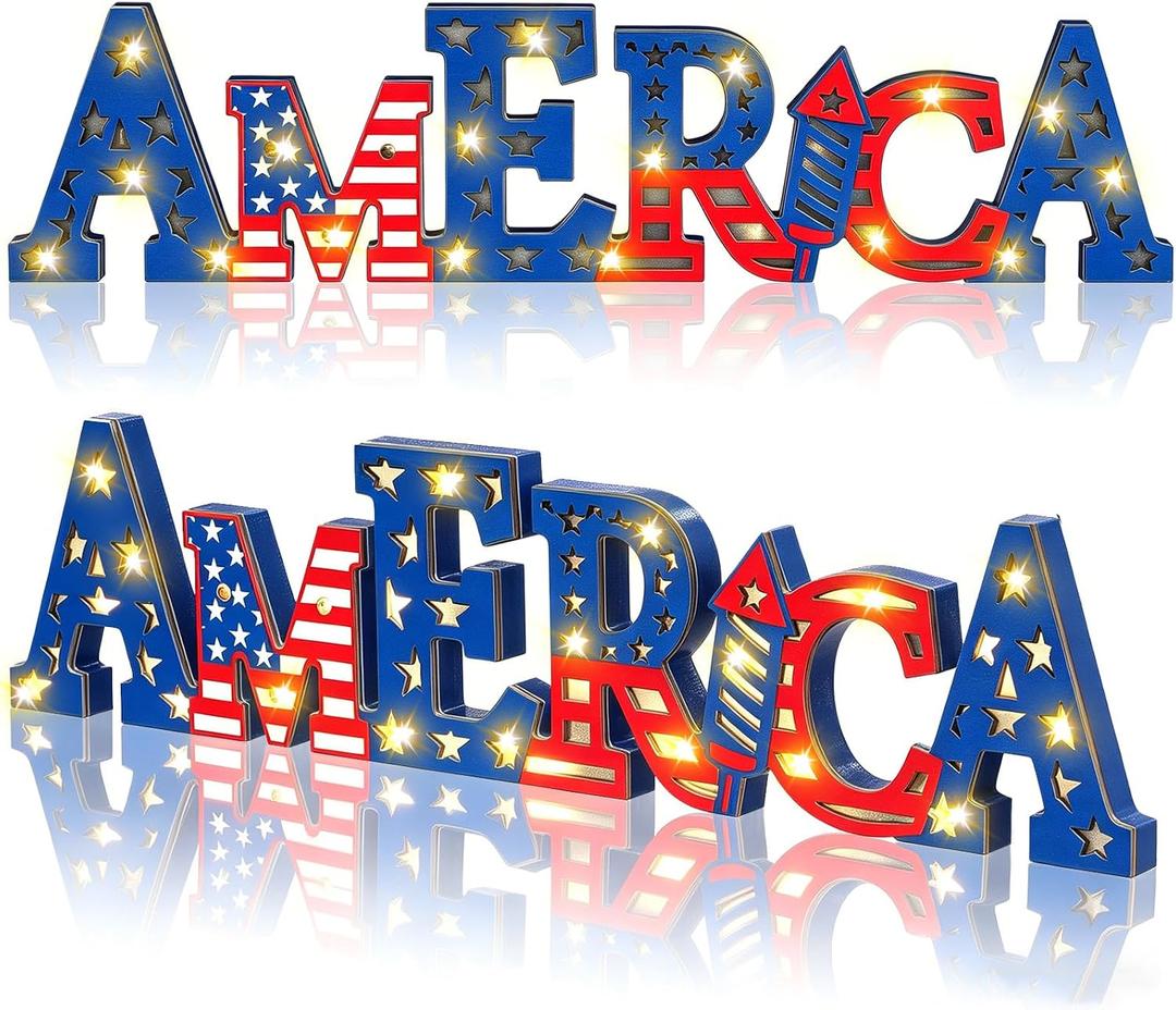 Geetery America LED Wooden Sign Patriotic Wooden Words Sign Red White Blue Tabletop Centerpiece Decor 16.5” x 4" Star Decorations for Independence Day Memorial Day 4th of July Home Indoor Party