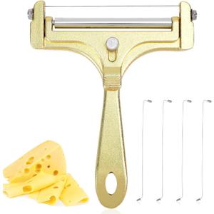 Cheese Cutter, Stainless Steel Cheese Slicer with 4pcs Extra Wires Adjustable Handheld Butter Block Cutter (Gold)
