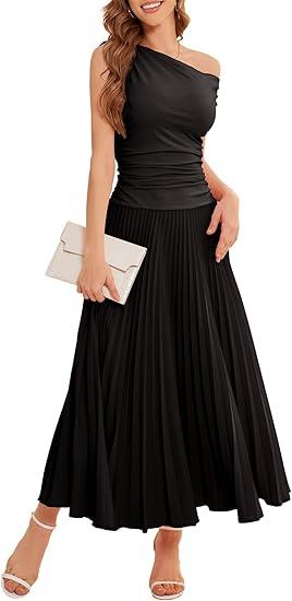Bbonlinedress Black Formal Long Wedding Guest Pleated Dress Maxi Prom One Shoulder Cocktail Bridesmaid Evening Party Fall Dresses Black L