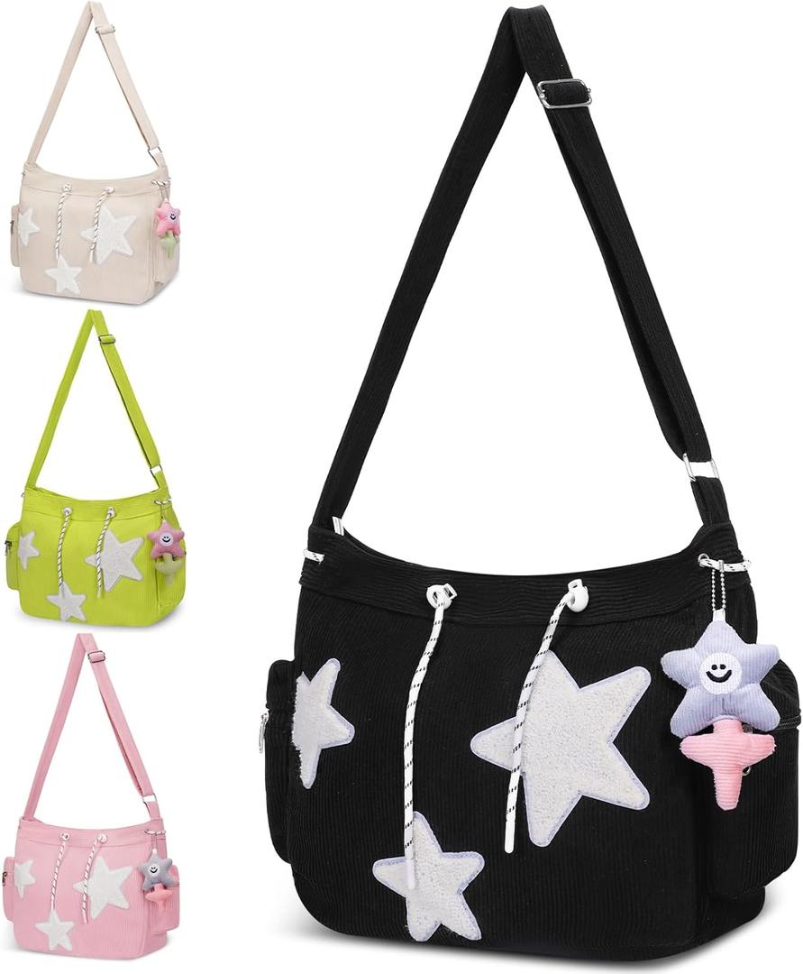 Cute Tote Bag for Women, Aesthetic Canvas Crossbody Bag Y2k Star Hobo Shoulder Purse Kawaii Zipper Messenger Bag (Black-Corduroy)