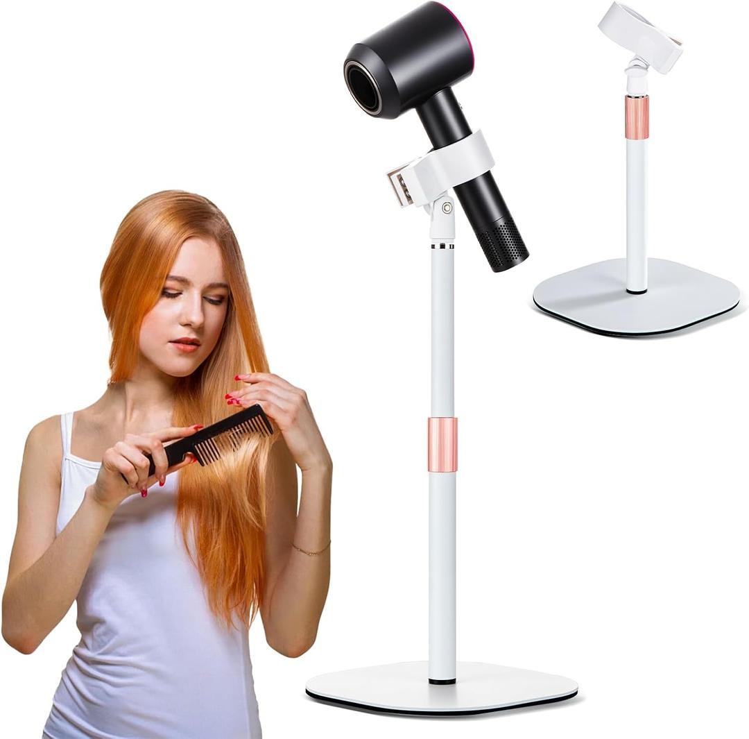 Hands Free Hair Dryer Stand Holder, Countop Blow Dryer Holder with 360 Degree Rotating, Height Adjustable, Universal Grip Works for 99% Blow Dryer (White)