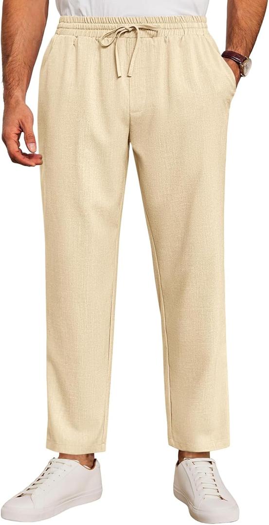 Runcati Mens Casual Pants Drawstring Elastic Waist Lightweight Cropped Linen Pants Summer Yoga Beach Trousers (Small, Beige)