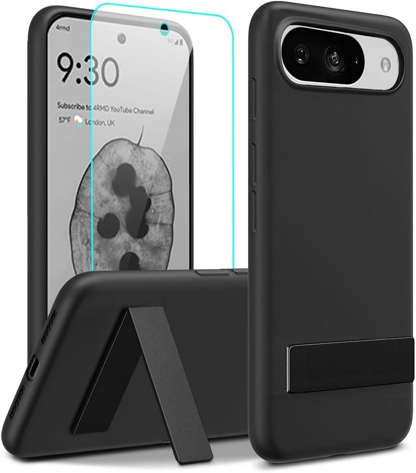 Compatible for Google Pixel 10/10 Pro Phone Case with Glass Screen Protector, [3 Stand Ways] Metal Kickstand/Stand Silicone TPU Slim Fit Protective Cover Case for Google 10/10 Pro 5G 2025 - Black