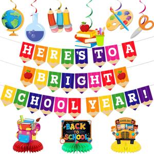 2 x Back To School Decorations: Back To School Banner Here's To A Bright School Year Banner First Day Of School Decorations With Banner Hanging Swirls Honeycomb Centerpieces for Classroom Decor