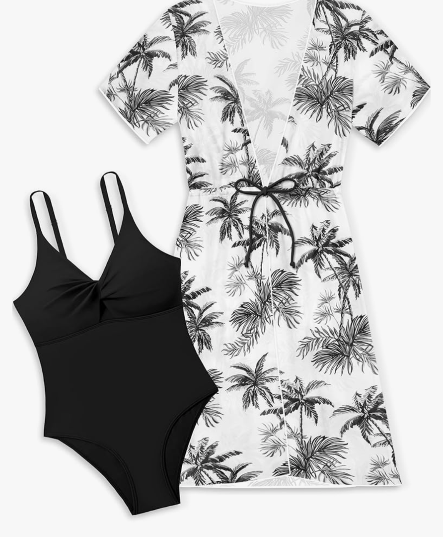 Girls Bathing Suits Size 8-10 Black Girls One Piece Swimsuits Tropical Print Quick Dry Cover Up 2Pcs Girls' Swimwear Kids Girls Swimsuit Size 9-10