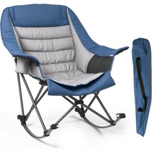 Oversized Heavy Duty Camping Rocking Chair 400lbs, Padded Folding Lawn Rocker with Cup Holder Side Pocket, Portable Wide Seat Outdoor Foldable Chair with Carry Bag for Camp Patio Beach Tailgate, Blue