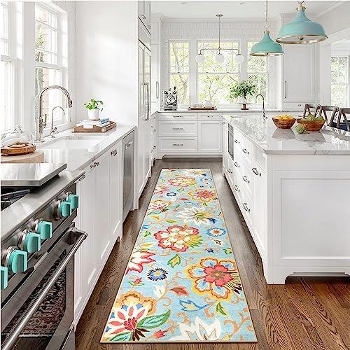 Beeiva Washable Kitchen 2x8 Runner Rug, Colorful Flower Rug Runners for Hallways with Rubber Backing, Floral Plant Non Skid Ultra Thin Carpet for Bathroom(Colorful,2'x8')