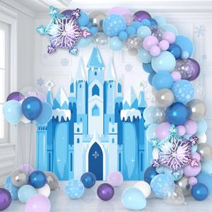 Snow Balloon Garland Arch Kit Princess Castle Backdrop Blue Purple Snowflake Balloons Garland Kit Winter Wonderland Princess Party Decorations for Girls Birthday Baby Shower Wedding Party Supplies