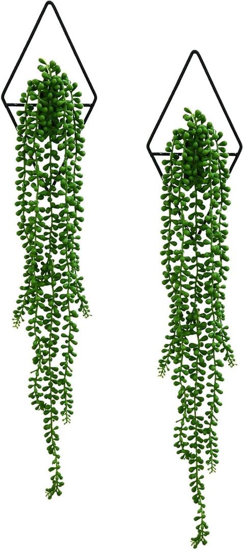 GREENTIME 2 Pack Wall Decor Hanging Planter with Fake Succulent Plants Artificial Ivy Vine Black Diamond Metal Hanging Vase Boho Faux String of Pearls for Teacher Appreciation Living Room Bathroom