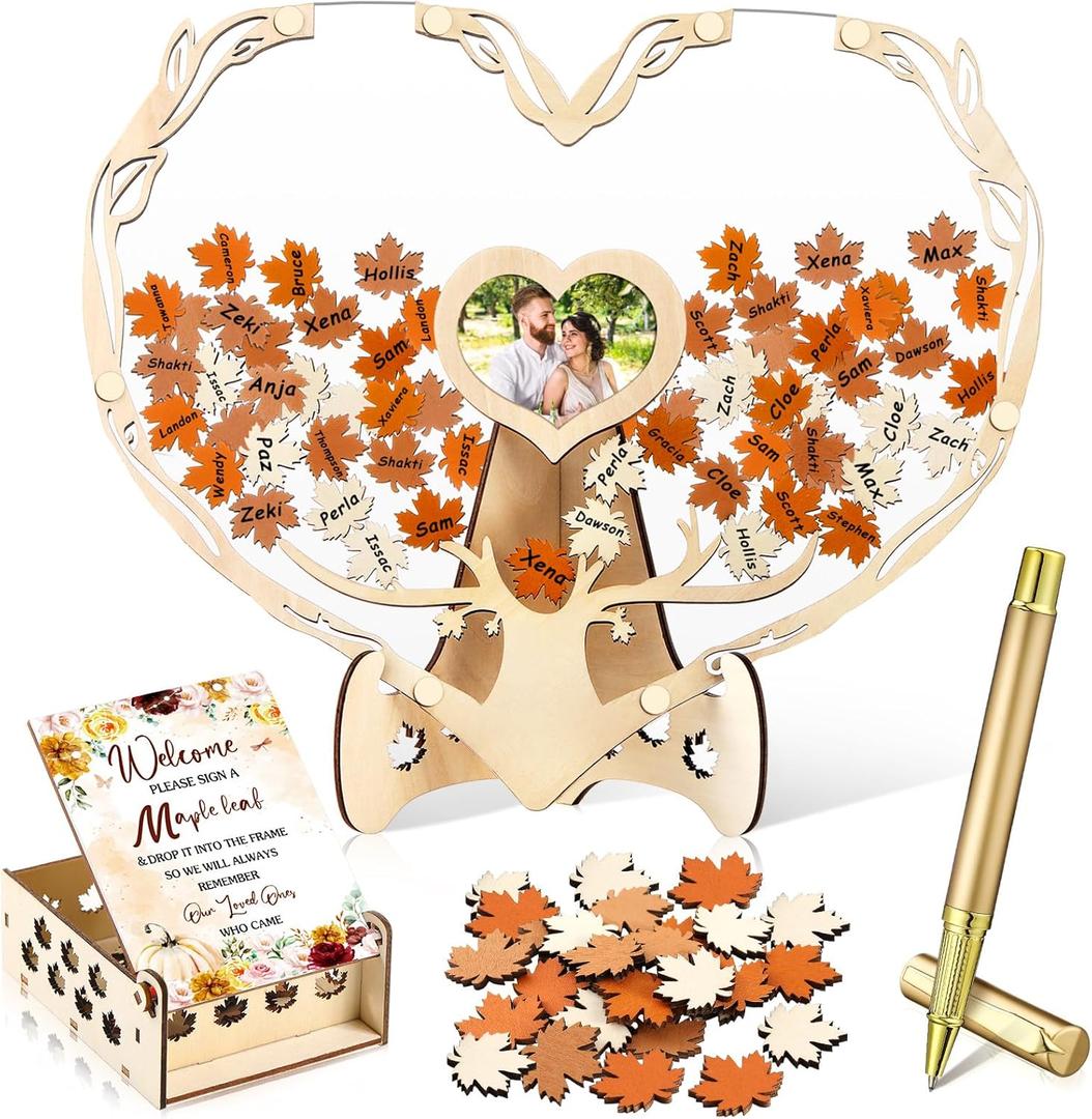 Wenqik 63 Pcs Fall Thanksgiving Wedding Guest Book Alternatives Set Bridal Shower Decorations with Photo Frame Sonogram Frame Keepsake 60 Wood Slices Guest Book for Wedding(Fall in Love)