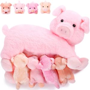 Honoson Stuffed Pig Animal with Babies, Cuddly Nursing Mommy Pig Plushy with 4 Stuffed Magnetic Toys for Kids Boys Girls Funny Kawaii Christmas Birthday Gifts Family Toys(Cute)