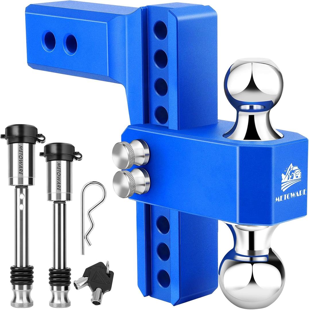 METOWARE Adjustable Trailer Hitch for 2.5 Inch Receiver, 8" Drop/Rise Heavy Duty Aluminum Tow Hitch, 18,000 LBS GTW, Dual Ball (2" & 2-5/16"), Double Stainless Steel Locks & Hitch Pin (Blue)