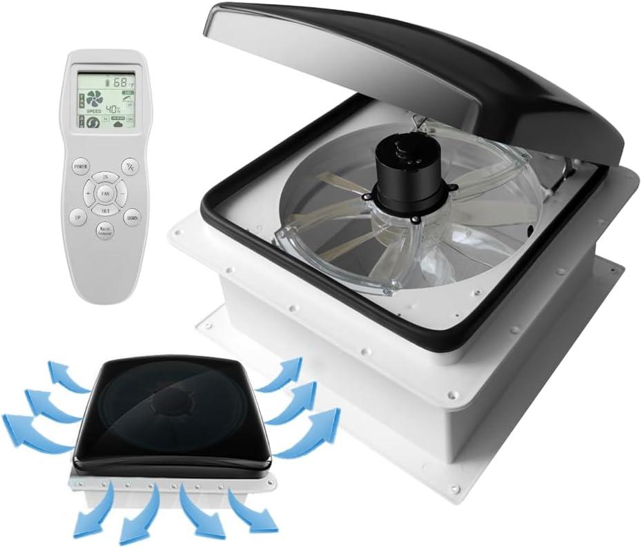 Build-in Rain Shield RV Roof Fan Vent Trailer Camper 10 Speed 12V 14'' Reversible (Smoke-Remote Control)