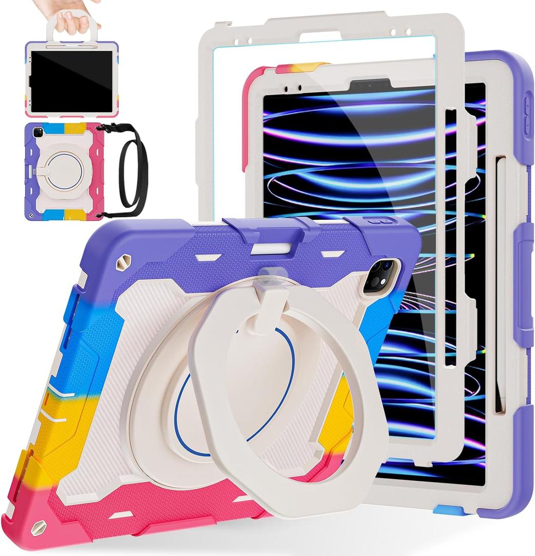 ROISKIN for iPad Pro 12.9 -Inch Case (6th, 5th, 4th & 3rd Gen)with HD Screen Protector, 360 Stand, Handle, Pencil Holder,Shoulder Strap[15ft Drop Protection]Rugged Bulky Full Body 12.9 iPad Pro Case