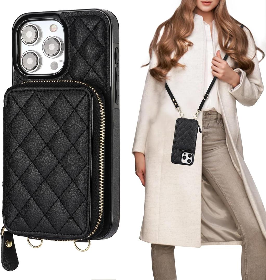 Bocasal Crossbody Wallet Case for iPhone 15 Pro Max, RFID Blocking PU Leather Zipper Handbag Purse Flip Cover, Kickstand Folio Case with Card Slots Holder Wrist Strap Lanyard 5G 6.7 Inch (Black)