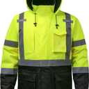 Reflective Jacket, High Visibility Parka, Waterproof Hi Vis, Safety Jacket with Removable Hood and Zipper, ANSI Class 3 (Lime,3XL)