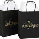 DjinnGlory 50 Pack Medium Black Welcome Paper Gift Bags with Handles and 50-Sheet White Tissue Paper for Wedding Hotel Guests Engagement Bridal Shower Birthday Party Favors (10''x8''x4'')