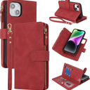 for iPhone 14 Pro Max Case,for iPhone 14promax Wallet Case,2 in 1 Detachable Wallet Magnetic Case PU Leather Folio Flip Cover with Zipper Coin Pocket & 6 Card Slots - Wine Red