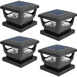 Sumaote Solar Post Lights, 6000K Cold White Solar Post Cap Light Fits 4 x 4 Wood, 3x3 & 4x4 PCV/Vinyl Fence Posts Outdoor Deck Light for Garden Yard Railing, IP65 Waterproof, Black Shell, 4 Pack