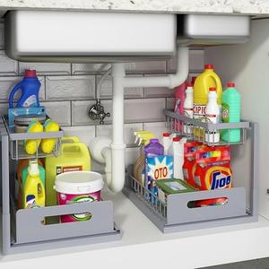 REALINN Under Sink Organizer, Pull Out Cabinet Organizer 2 Tier Slide Out Sink Shelf Cabinet Storage Shelves, Storage for Kitchen Bathroom, Grey, 2 Pack