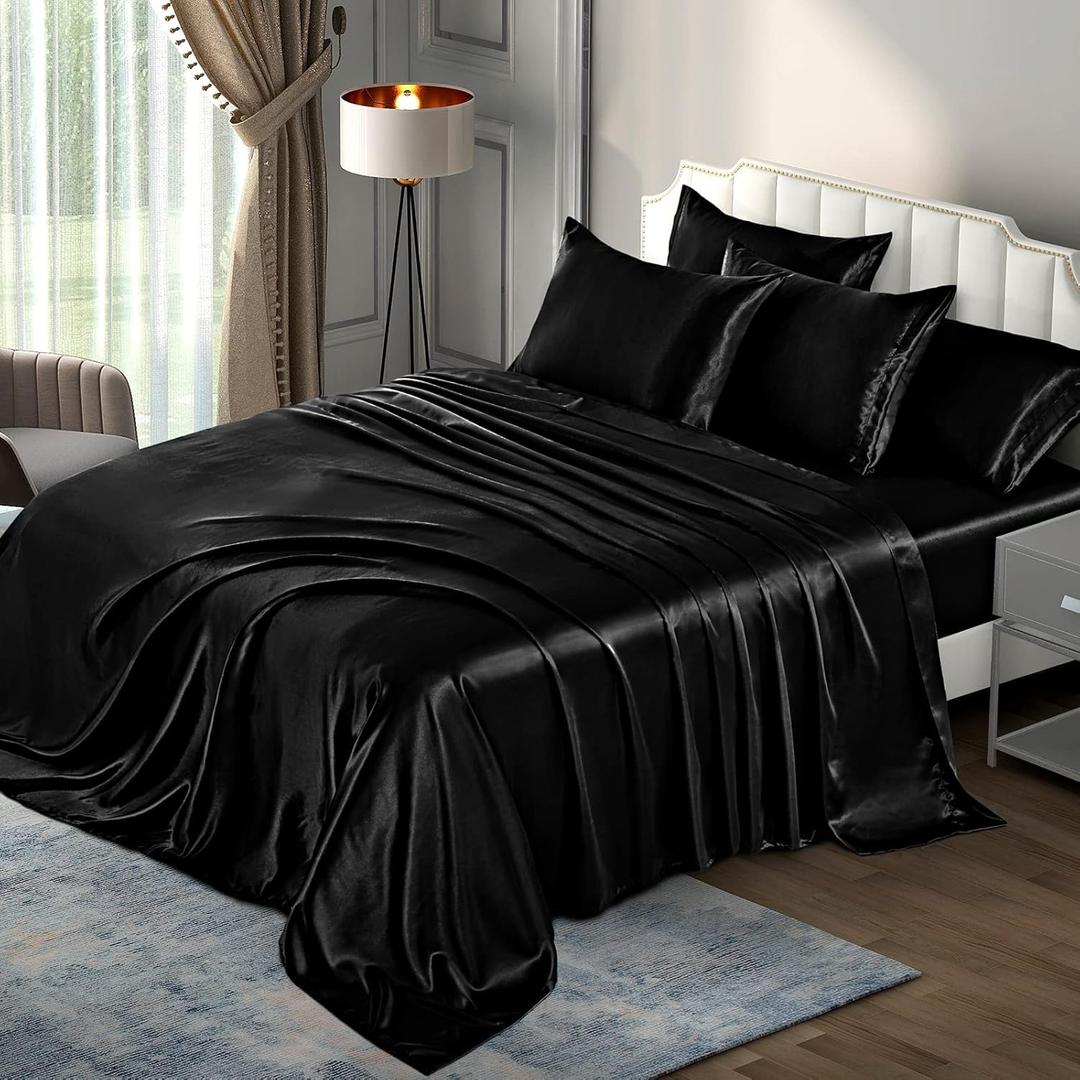 P Pothuiny 6 Pieces Queen Satin Sheets Luxury Silky Black Satin Bedding Sheet Set, 1 Deep Pocket Fitted Sheet + 1 Flat Sheet + 4 Pillow Cases