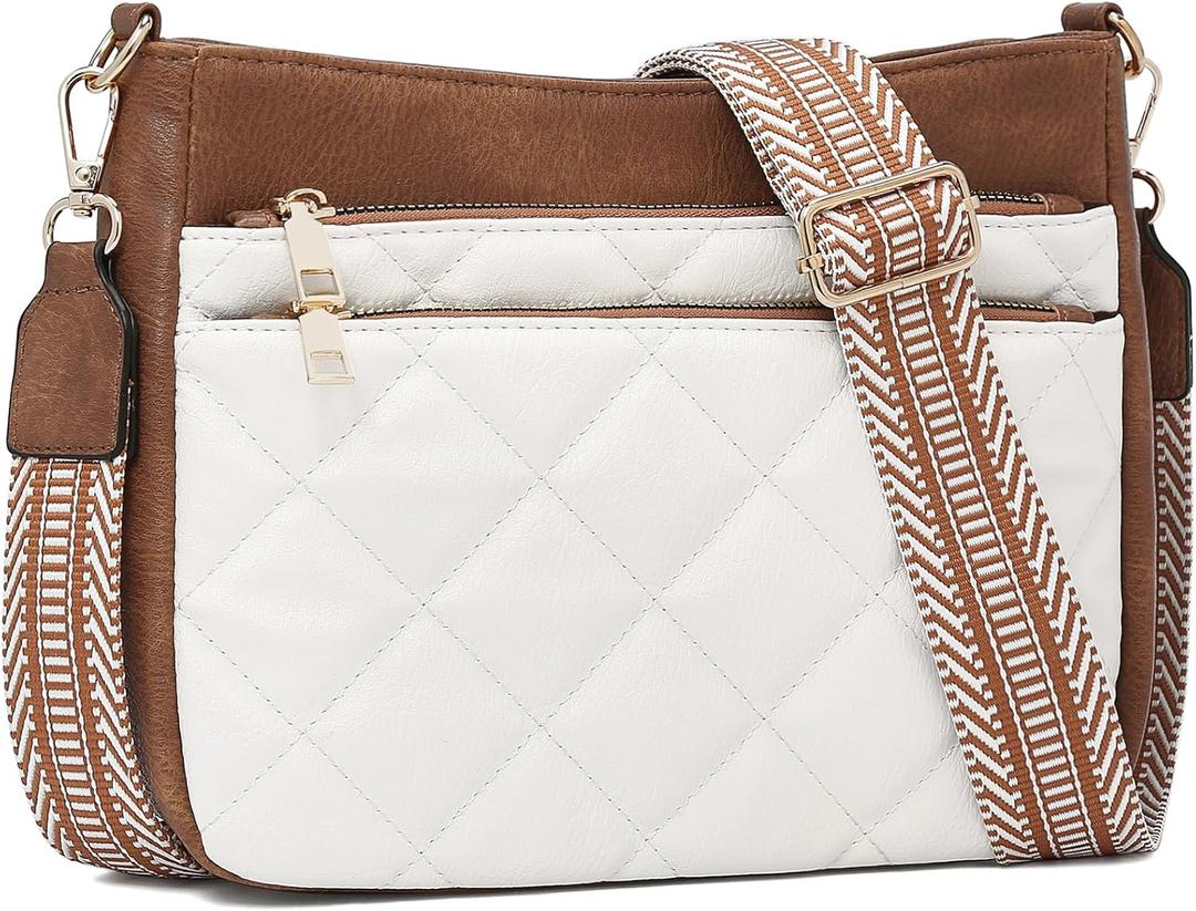 FOXLOVER Quilted Crossbody Bags for Women Trendy vegan Leather Hobo bag Shoulder purses With Wide Strap (White Brown)