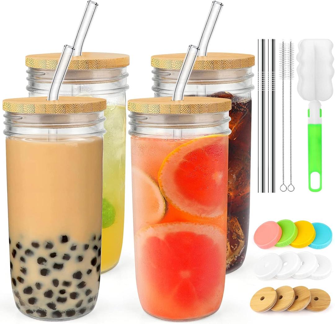 3 Pack Glass Cups Set - 24oz Mason Jar with Bamboo Lids and Glass Straw & 12 Airtight Lids, Brush - Glass Drinking Cups, Reusable Travel Tumbler Bottle for Iced Coffee, Smoothie, Bubble Tea, Gift (Style2)