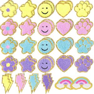 Yilloog 50 Pcs Self Adhesive Chenille Patches Paw Print Smile Face Heart Patch Preppy Sticker Chenille Rainbow Sew on Sticker for Jackets Jeans (Cute Style,Pastel Color)