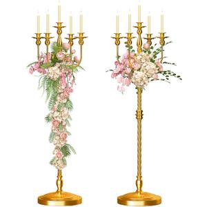Baoz 2 Pcs Floor Candelabra 50 Inch Gold Antique Floor Candle Holders Metal 5 Arms Candlesticks Tall Candelabra Flower Centerpiece Decoration for Wedding Christmas Halloween Party Ceremony Home