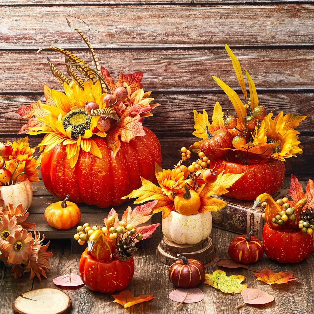 Riceshoot 6 Pcs Large Thanksgiving Artificial Pumpkins Decor with Light, Fall Centerpieces for Table Artificial Fake Foam Pumpkin Flowers for Fall Autumn Thanksgiving Harvest Party Tabletop