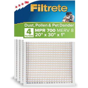 Filtrete 20x30x1 AC Furnace Air Filter, MERV 8, MPR 700, Tough on Pollen, Easy on Airflow, 3-Month Pleated 1-Inch Electrostatic Air Cleaning Filter, 4-Pack (Actual Size 19.880 x 29.880 x 0.8125 in)