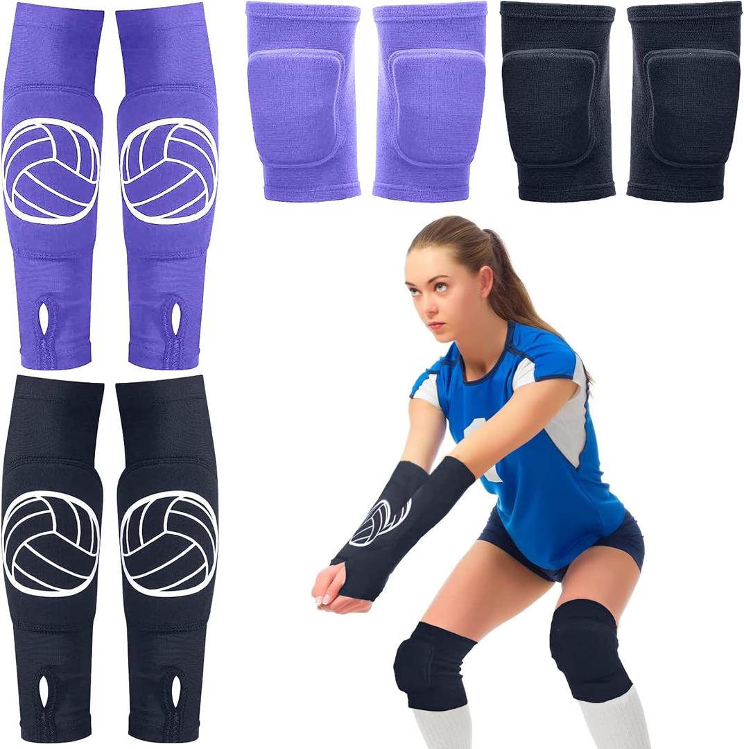 Sosation 2 Set Volleyball Knee Pads and Volleyball Arm Sleeves with Protection Pad Compression Forearm Wrist Guard with Thumb Hole Soft Breathable for Hitting Passing (Black, Purple)