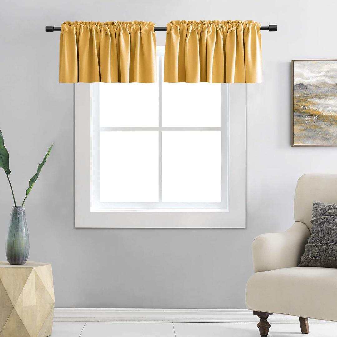 DONREN Gold Yellow Curtain Valances for Living Room - Blackout Rod Pocket Valances for Small Window (72 Wide by 18 Long,2 Panels)