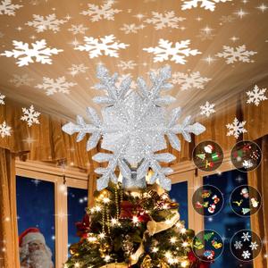 Christmas Tree Topper Lighted with 6 Projection Modes, Christmas Star Tree Topper Built-in LED Rotating Projector Lights 3D Christmas Tree Decorations for Xmas Party Holiday Decor(Silver Snowflake)