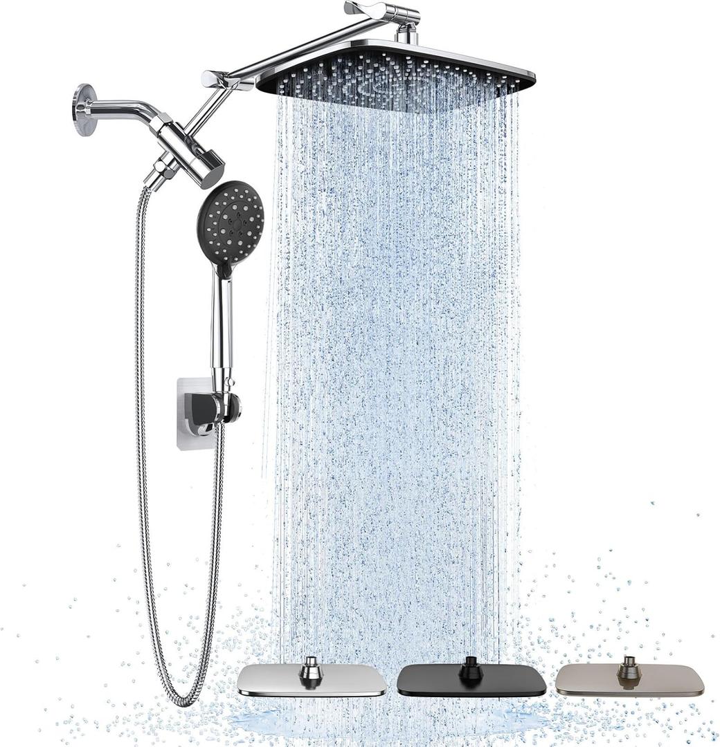 Veken Wide High Pressure Rain Shower Head with Handheld, Handheld Shower Heads with Multi Spray Modes, Rainfall Combo with 15" Metal Extension Arm,Detachable Dual Shower, Bathroom Decor,Chrome Silver (11.8 Inch(Standard))