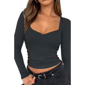 TiulZial Women Long Sleeve Tops - Sexy Going Out Sweetheart V Neck Basic Shirts Tight Slim Fall Trendy Clothing Small