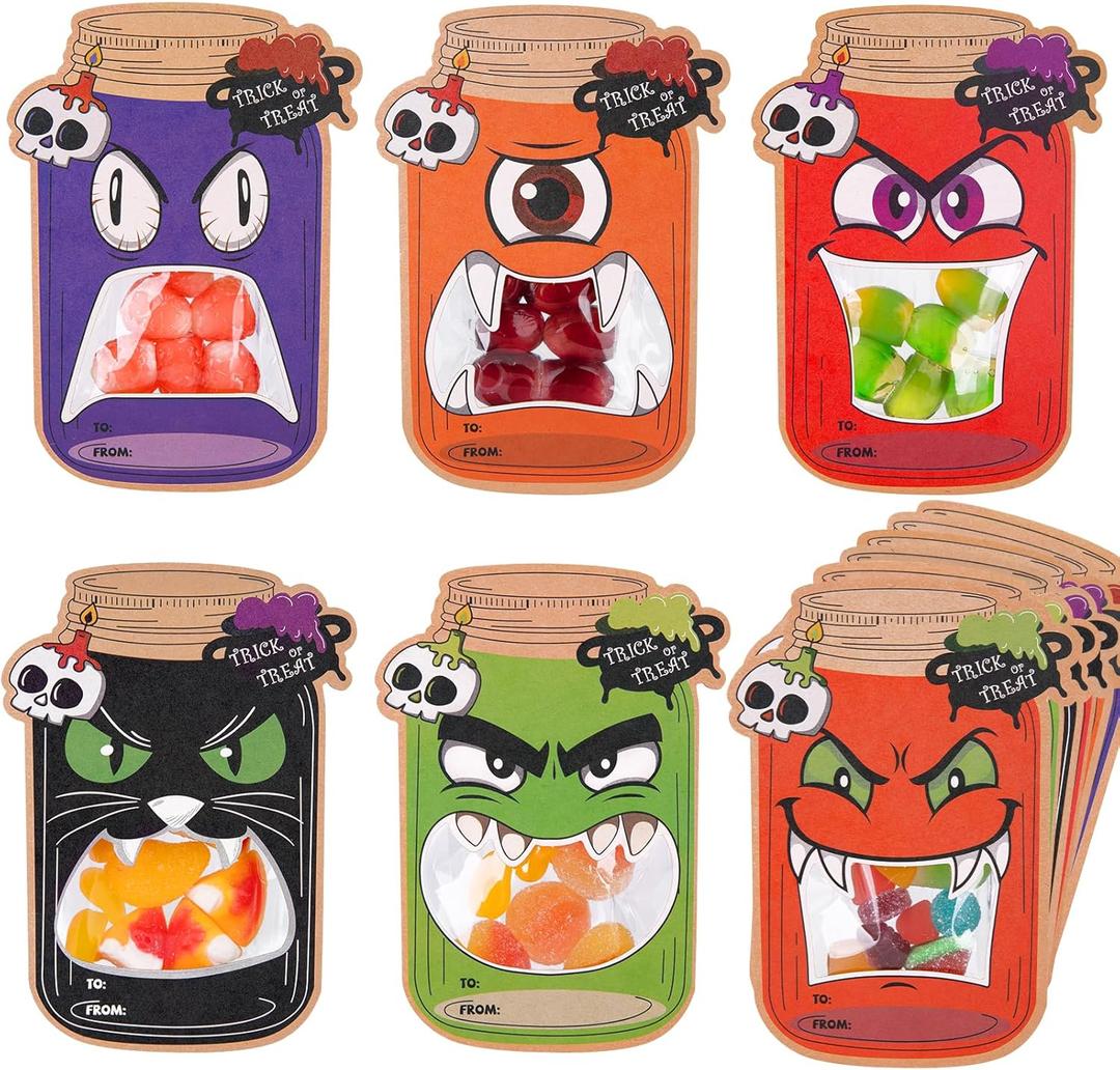 Wakeys 60-Pack Halloween Treat Bags, Halloween Candy Bags Cards Complete 6 Design DIY Crafts Party Favors for Kids, Trick or Treat Classroom Exchange, Spooky Goodie Bags (Candy Not Included)