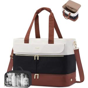 LOVEVOOK Weekender Bags for Women, Wide Open Large Travel Duffle Bag with Shoe Compartment, Carry on Overnight Bags, Hospital Bag for Women Labor Delivery with Wet Pocket (48L-2pcs, Black White Brown)