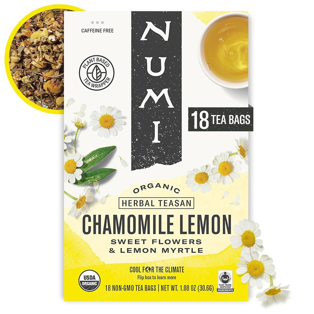 Numi Organic Chamomile Lemon Tea 18 Tea Bags Caffeine Free Calming Egyptian Chamomile & Lemon Myrtle Caffeine Free Floral Citrus Herbal Tea