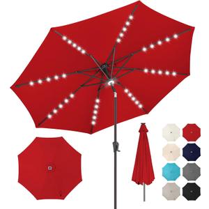 7.5ft Solar Umbrella Outdoor - Lighted Patio Umbrella with 24 LED Lights Waterprool Uv Protection, Table Umbrella with Tilt & Crank for Pool, Porch, Garden, Deck, Backyard (Red)