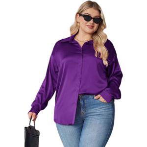 IN'VOLAND Womens Plus Size Satin Blouse Button Down Shirts Casual V Neck Long Sleeve Office Work Tops 24W Bright Purple