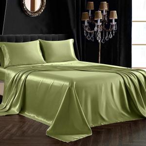 SiinvdaBZX 4Pcs Satin Sheet Set Full Size Ultra Silky Soft Sage Green Satin Full Bed Sheets with Deep Pocket, 1 Fitted Sheet, 1 Flat Sheet, 2 Envelope Closure Pillowcases