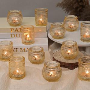 12 Pcs Clear Gold Glass Votive Candle Holders, Vintage Candle Holder Bulk, Tealight Candle Holders for Table Centerpieces, Home, Bridal Shower, Birthday, Party Table Decor