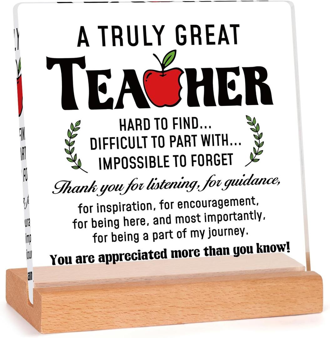 Afterprints Teacher Gifts for Women or Men, Teacher Appreciation Acrylic Plaque with Wooden Base, Thank You Gift for Teachers on Valentines Day, Birthday, Retirement