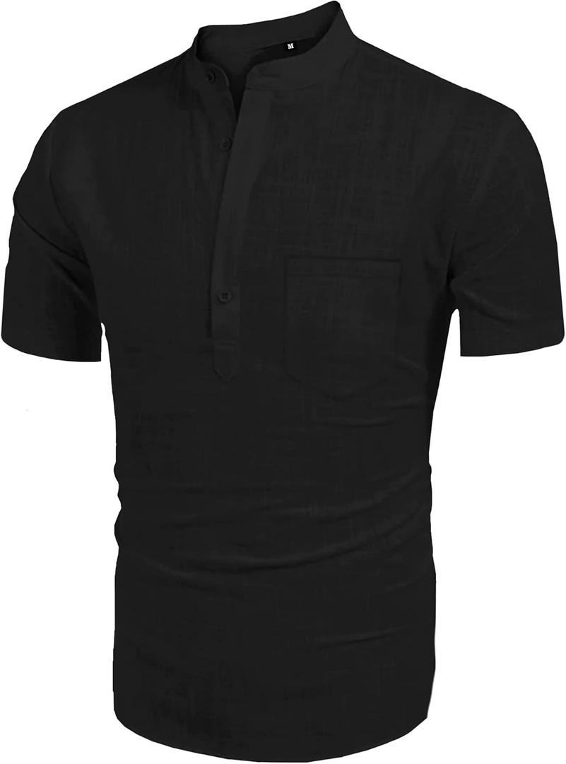 Men's Henley Shirt Summer Causal Shot Sleeve Hippie Beach T Shirt Band Collar Lightweight Yoga Tee Tops (Medium, New Black)