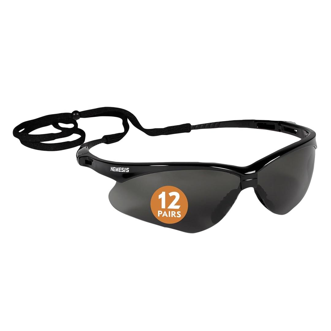 KleenGuard V30 Nemesis Safety Glasses (22475), with Anti-Fog Coating, Smoke Lenses, Black Frame, Unisex Sunglasses for Men and Women (Pack of 12)