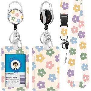 Flower Lanyards for ID Badge, ID Badge Holder with Retractable Reel Clip and Keychain, Vertical Heavy Duty Identity Badge Cover Case Protector for Student Teacher Nurse Women Men